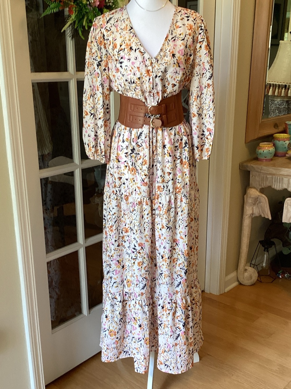 Source Unknown Floral V-Neck Maxi Dress in Cream with Pink and Orange Accents